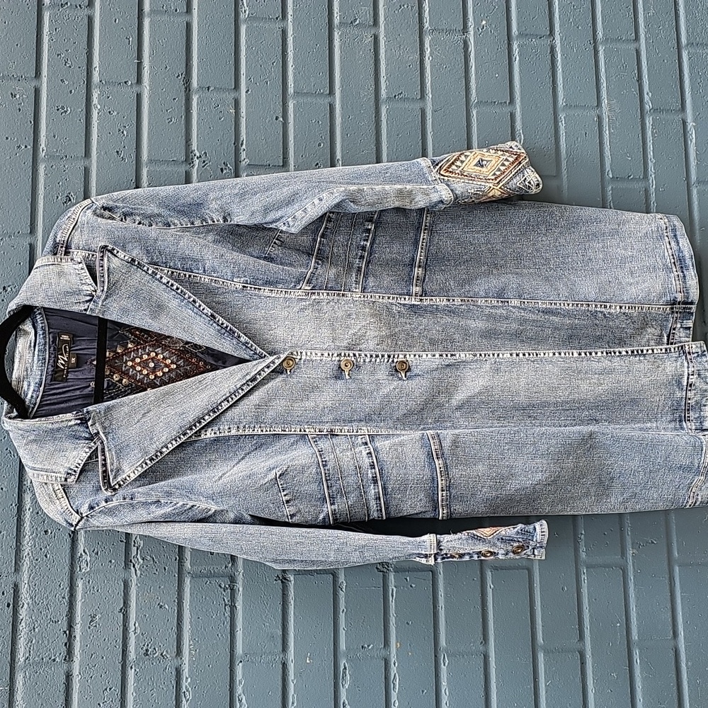 Midnigh Velvet Denim tribal southwestern embroidered longline jacket  Size 1x